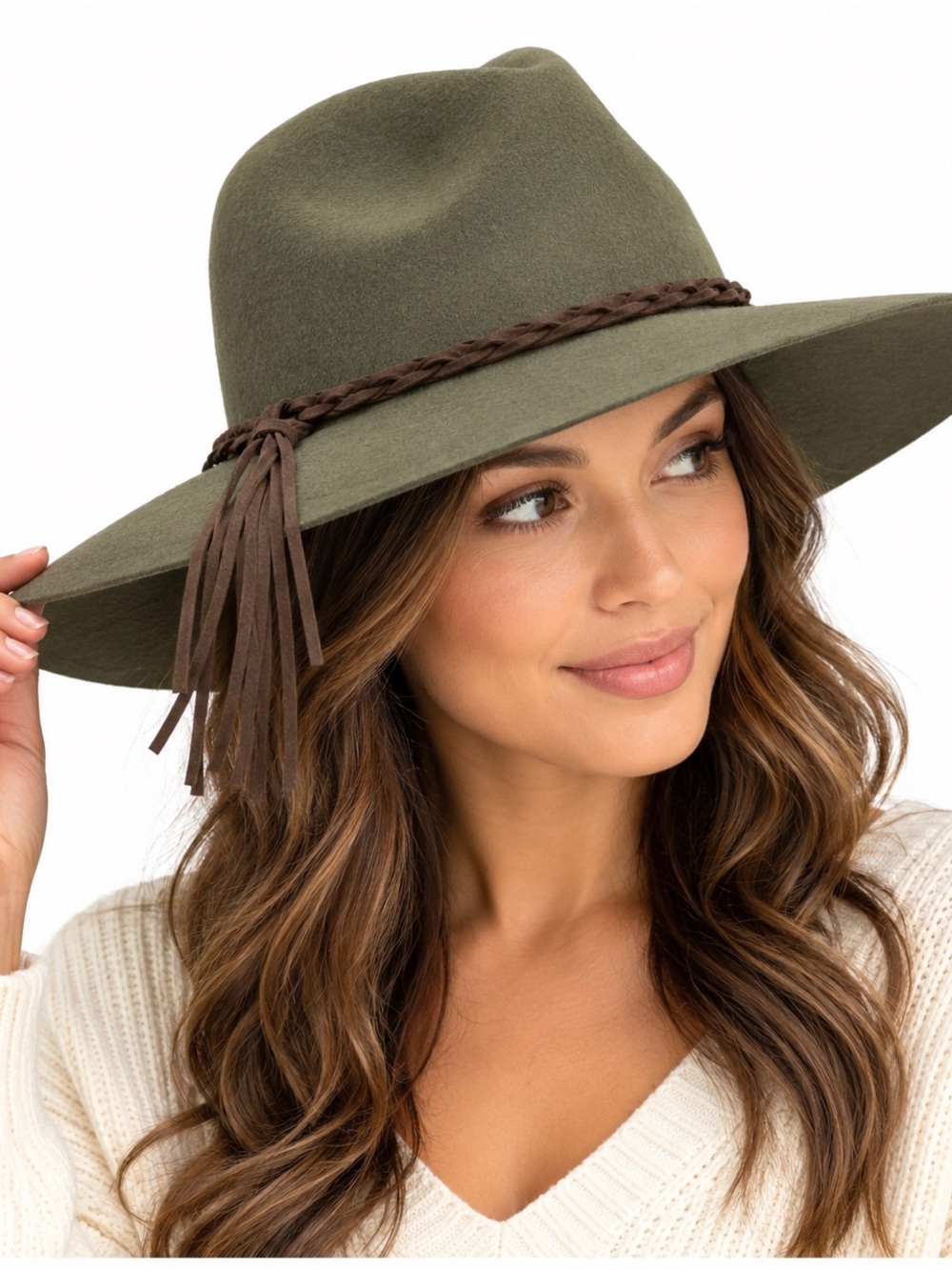 Olive Green Wide Brim Felt Fedora Hat Brown Braided Tassel Band Boho Western OS